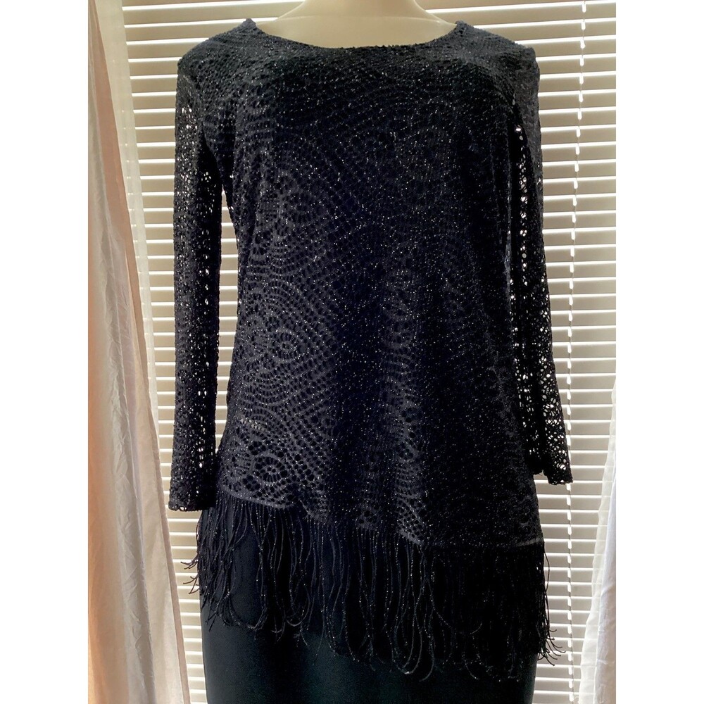 Melissa Paige Black & Silver Metallic Fringe Asymmetrical Crochet Top Size XS
